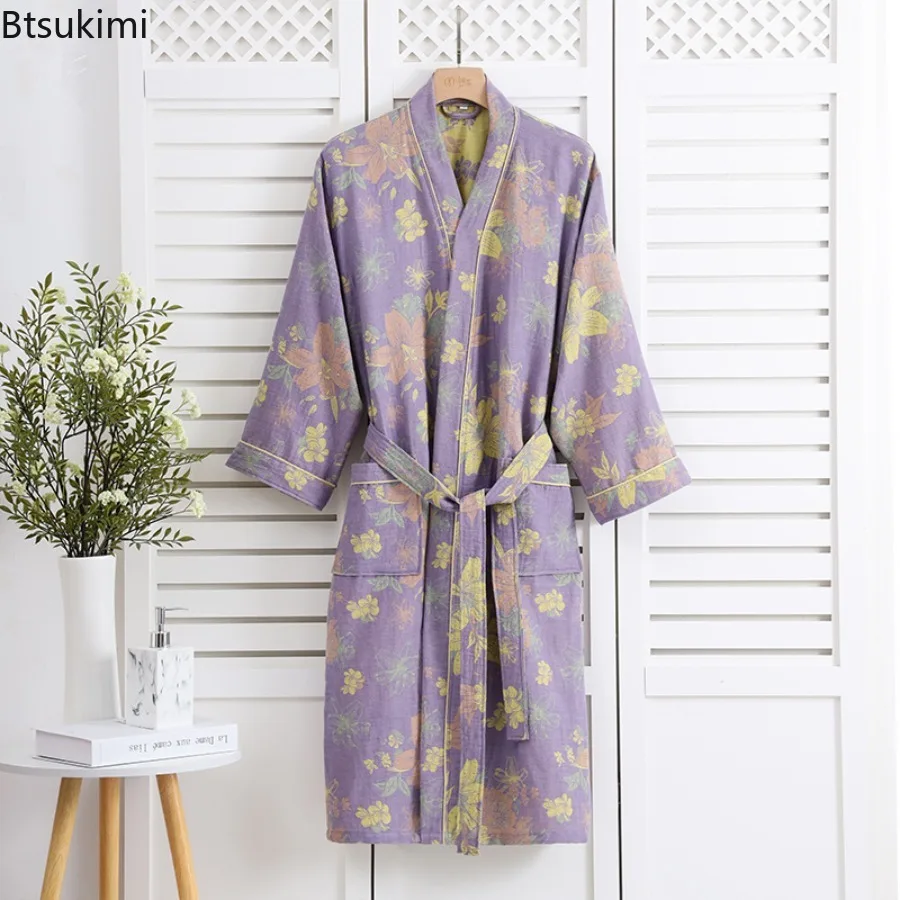 2026 Couple's Nightgown Pure Cotton Double-layer Gauze Bathrobe for Couples Cotton Sleepwear for Men and Women Absorbent Yukata
