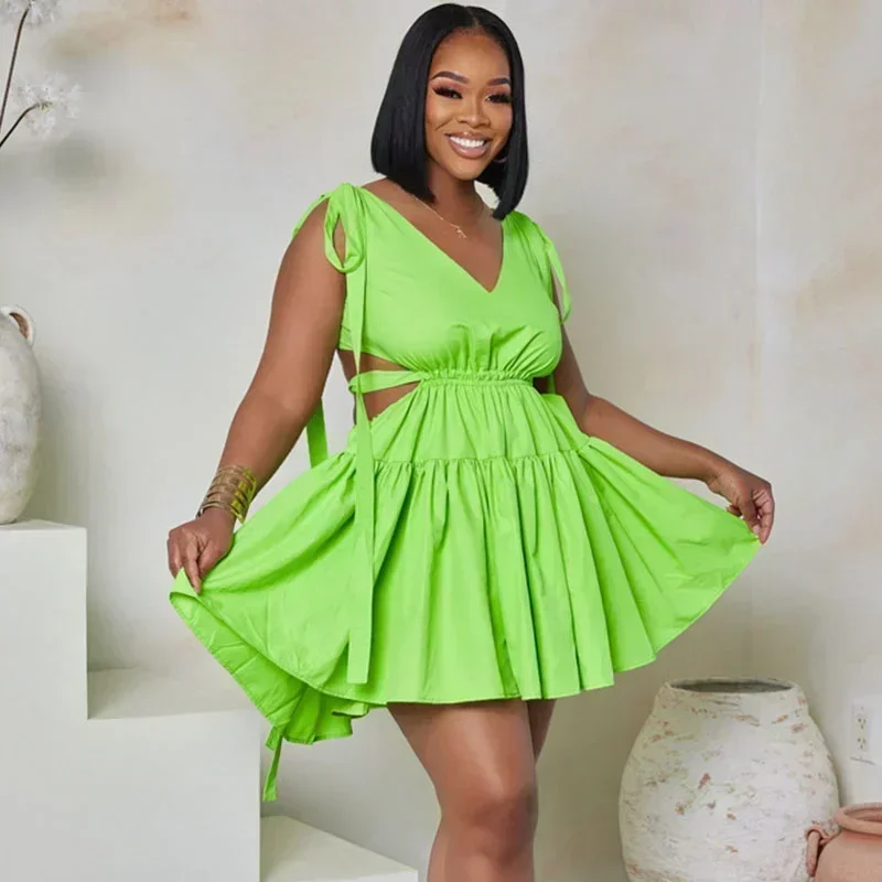 

GUWU Open Back A-line Summer Dress Women Sleeveless V-neck High Waist Ruffles Hem Party Club Sexy Dresses Vestidos De Verano