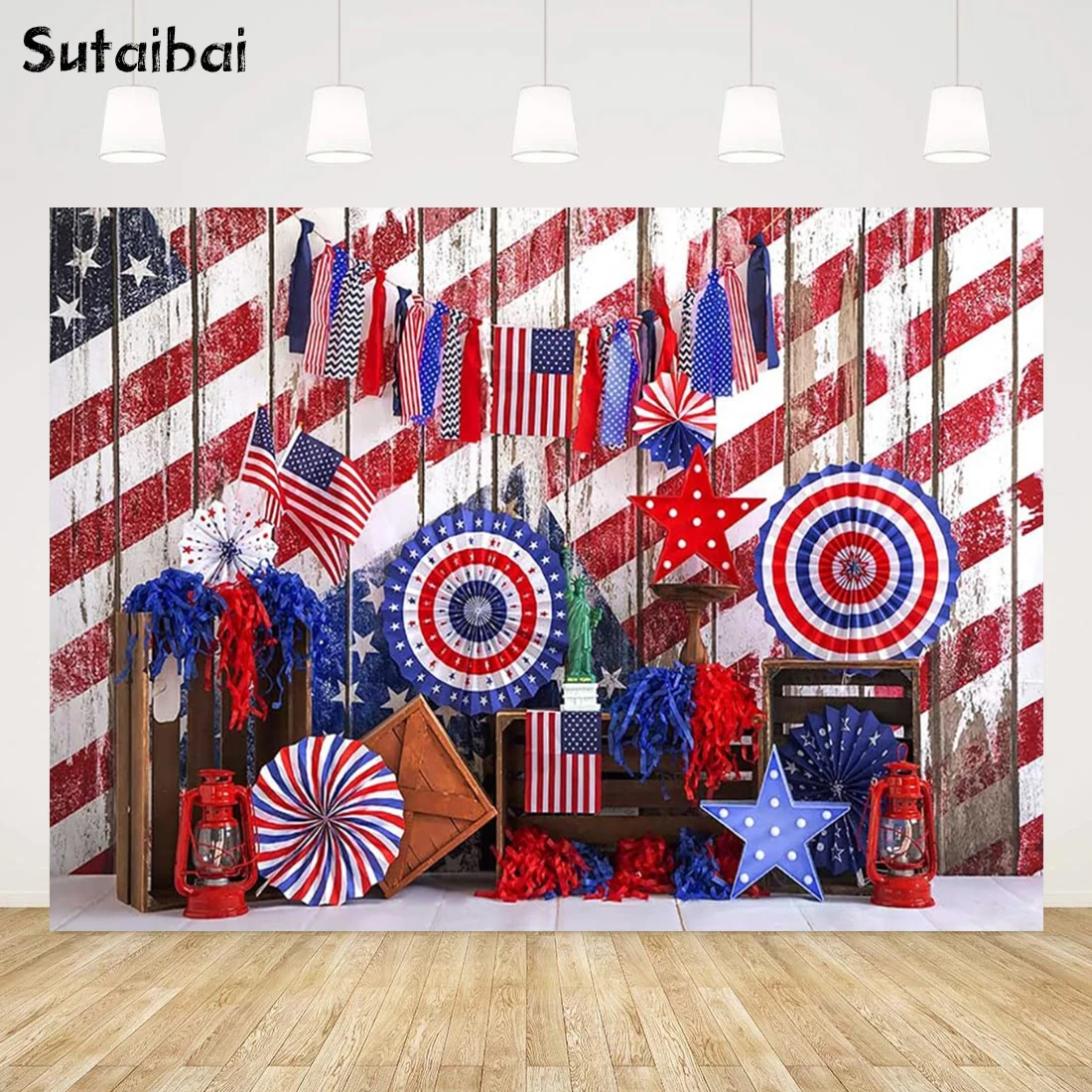 

American Flag Backdrops for Photoshoot Independence Day Banner Flag Wood Wall Backgrounds Microfiber Colorful Ribbons Backdrop