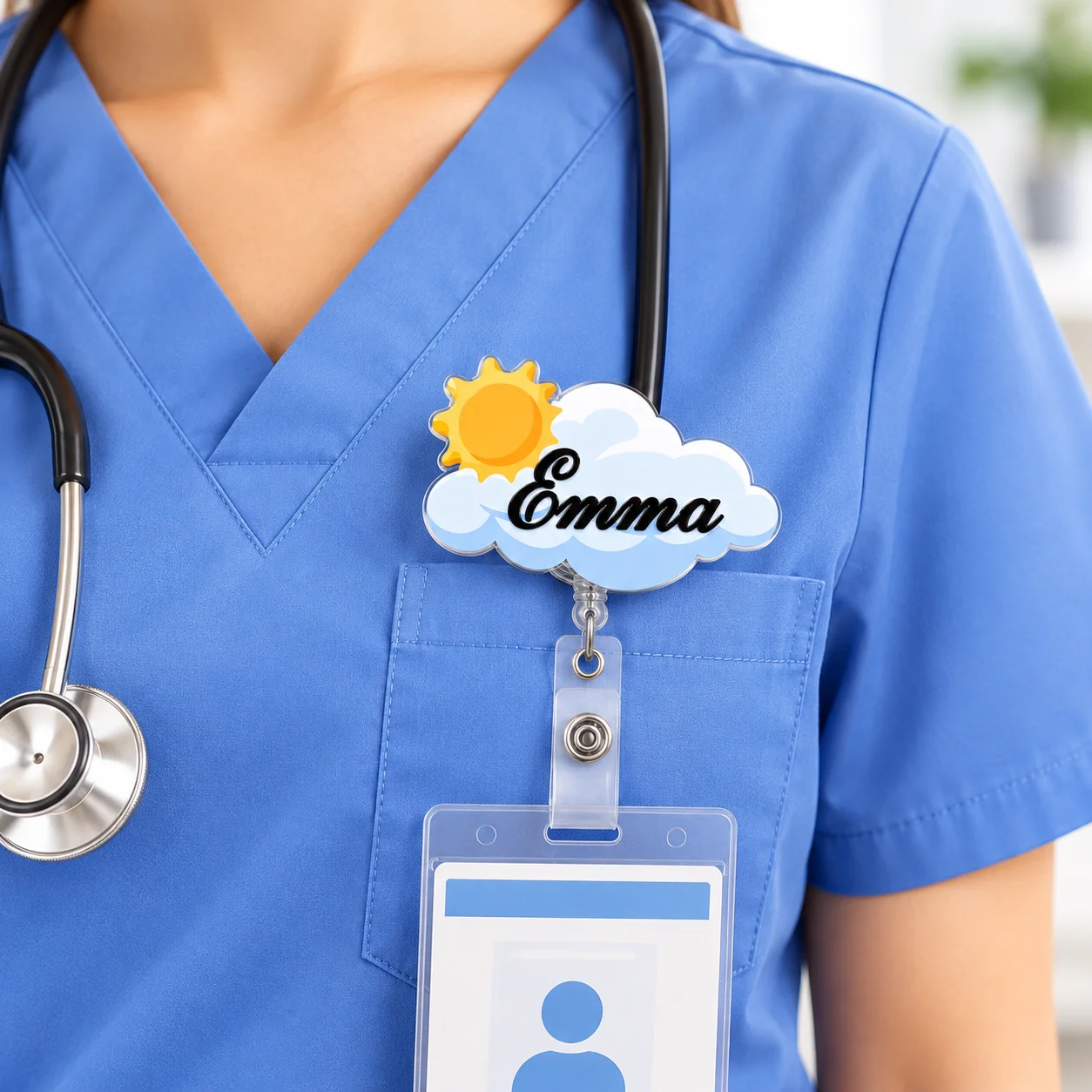 1pc Personalized Nurse Badge Reel Custom Name Retractable ID Badge Holder Acrylic Sun and Cloud Clip for Nurses Teachers