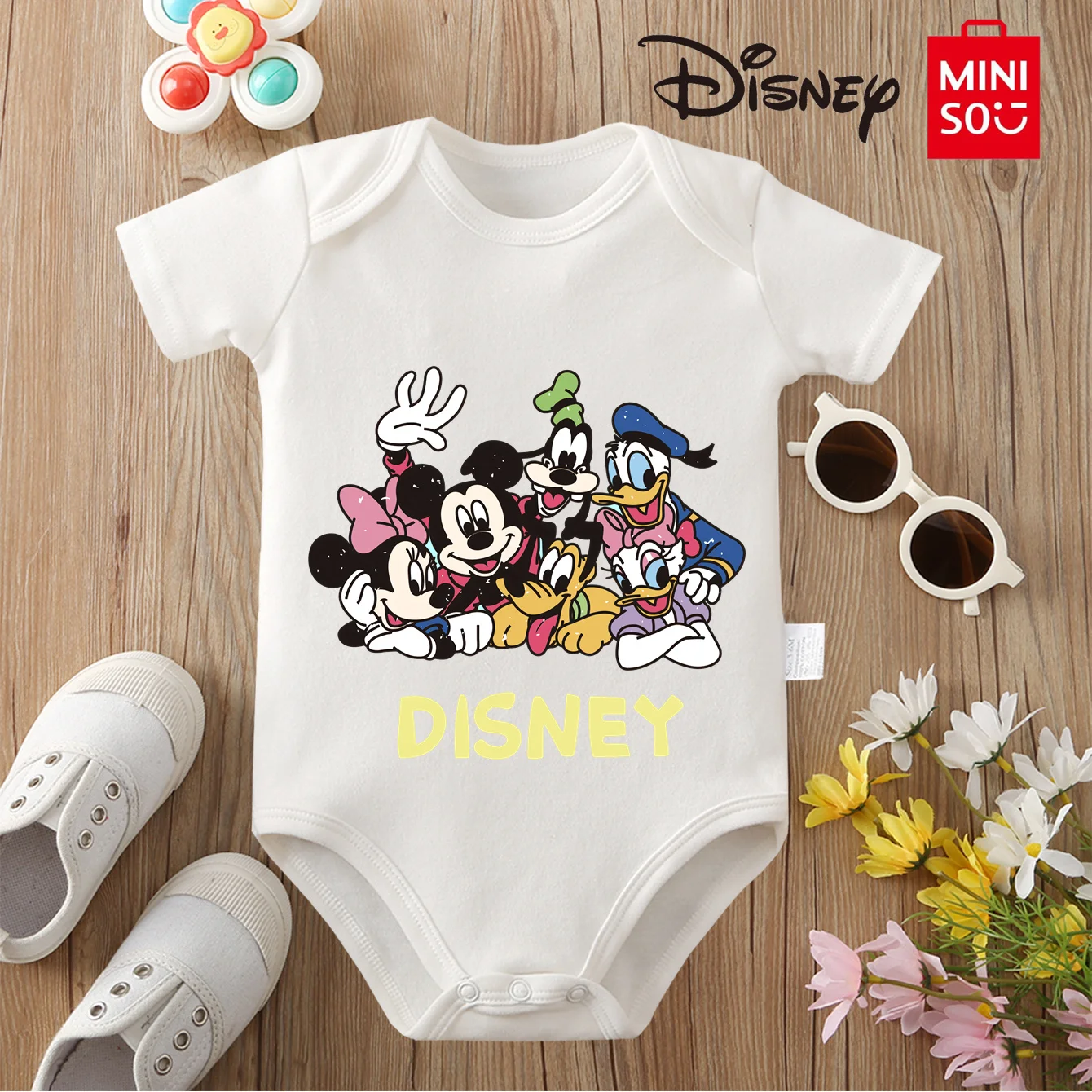 

MINISO & Disney Jointly подпись, 100% хлопок, детская одежда, детский комбинезон, боди с Микки Маусом, милый принт для новорожденных от 0 до 12 месяцев