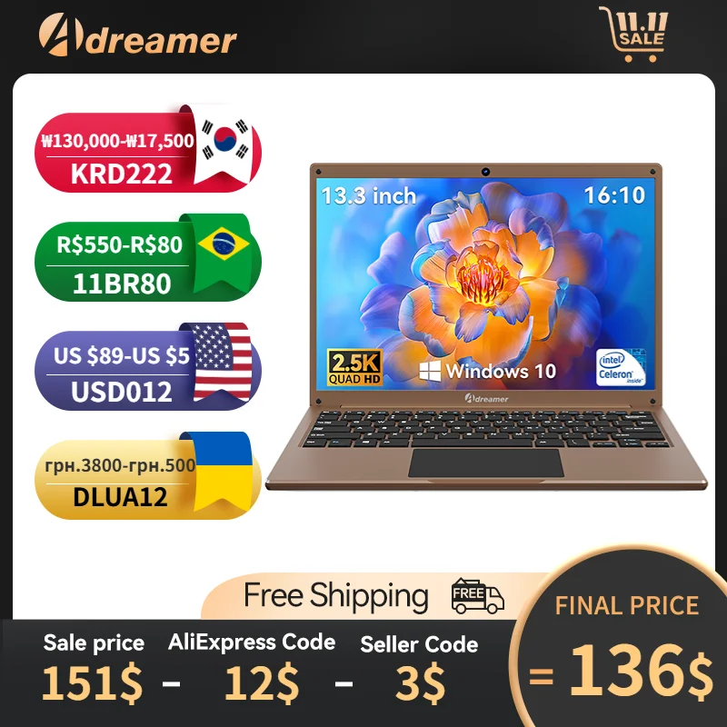 Adreamer Laptop 8GB RAM 1TB SSD Computer 13.3-inch Intel Notebook 2560X1600 Resolution Celeron N4020 Portable Computer