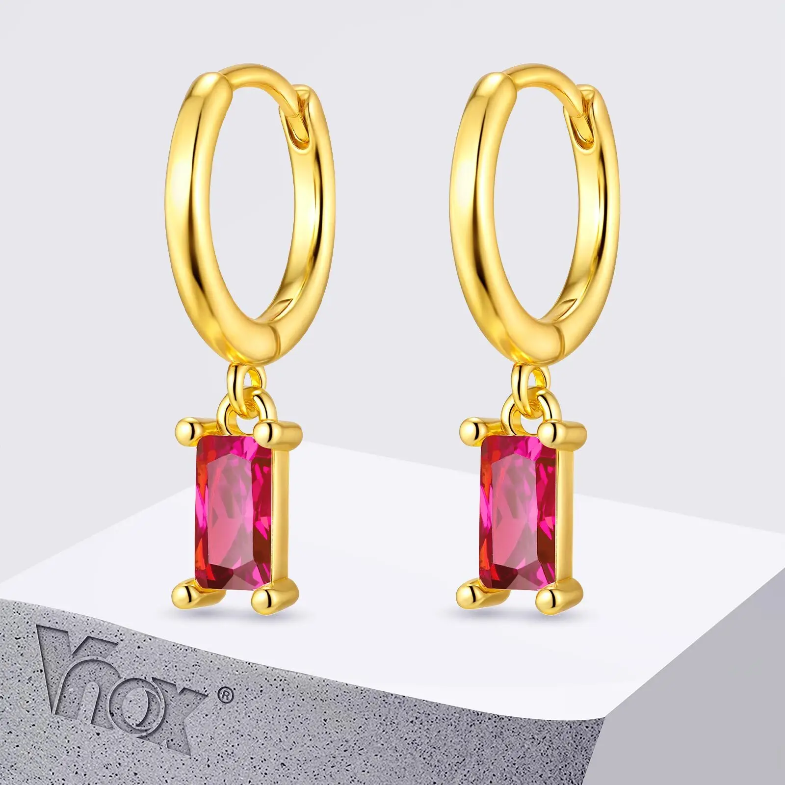 

Vnox Rose Red White AAA Zircon Drop Earrings For Women, Metal Ear Needle Geometric Pendant Hoop Earring, Fashion Wedding Jewelry