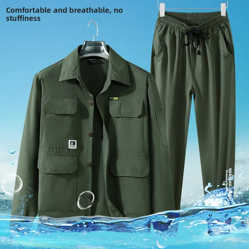 Summer New Ice Silk Quick Dry Lightweight Long Sleeve Elastic Workwear Uniform Men's Women's Industrial Protection Clothing