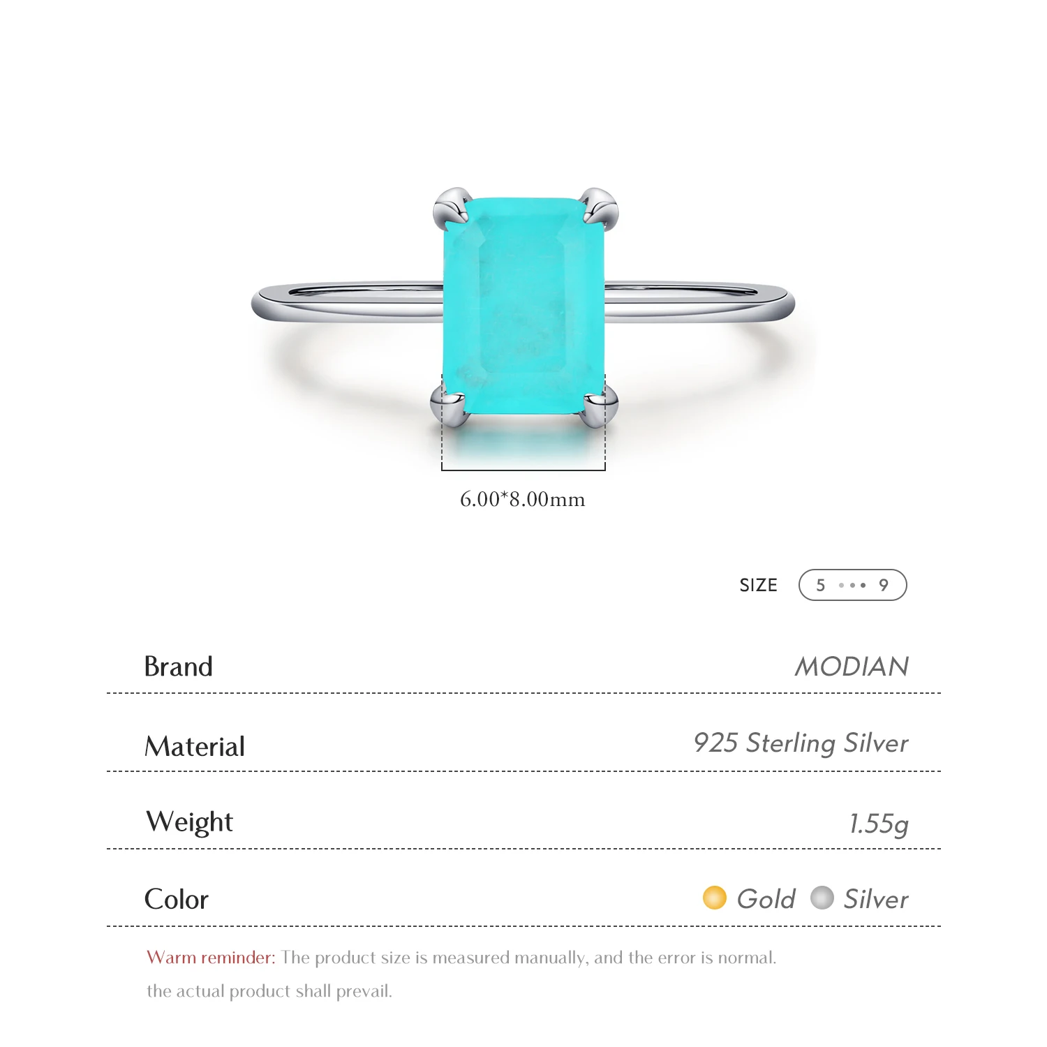 Modian Authentic 925 Sterling Silver Classic Rectangle Tourmaline Paraiba Female Finger Ring For Women Charm Fine Jewelry Anillo