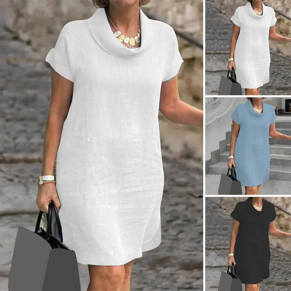 

Shawl Collar Dress Soft Solid Color Summer Dress with Scarf Collar Knee Length for Commute Comfortable Midi Dress for Women