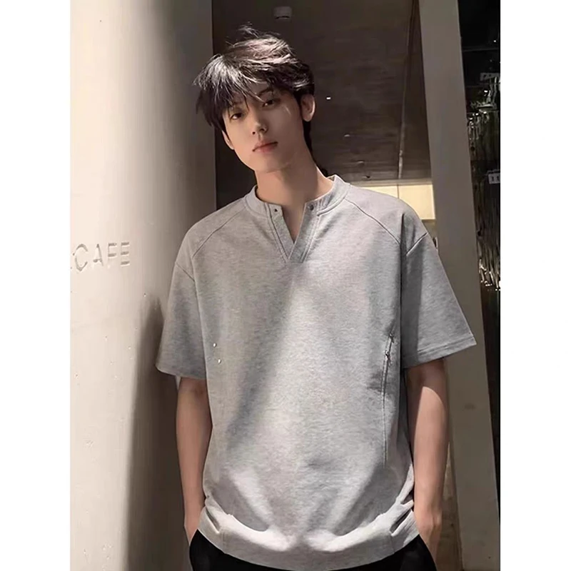 American V Neck Heavyweight Rivet Deconstruction Short Sleeve T-shirt Unisex Loose Fit Summer Half Streetwear Women Casual Top