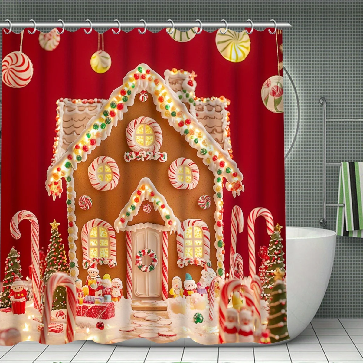 4Pcs Xmas Gingerbread Bath Set – Colorful Print, Curtain, 12 Hooks, Non-Slip Mat, U-Seat, Holiday Bathroom Decor