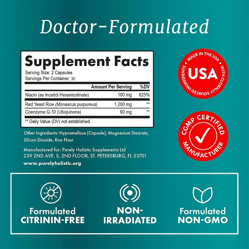 Red Yeast Rice with Coenzyme Q10 Supplement | Healthy Cholesterol Levels and Heart Health Support, Non GMO, Vegan, 60 Capsules