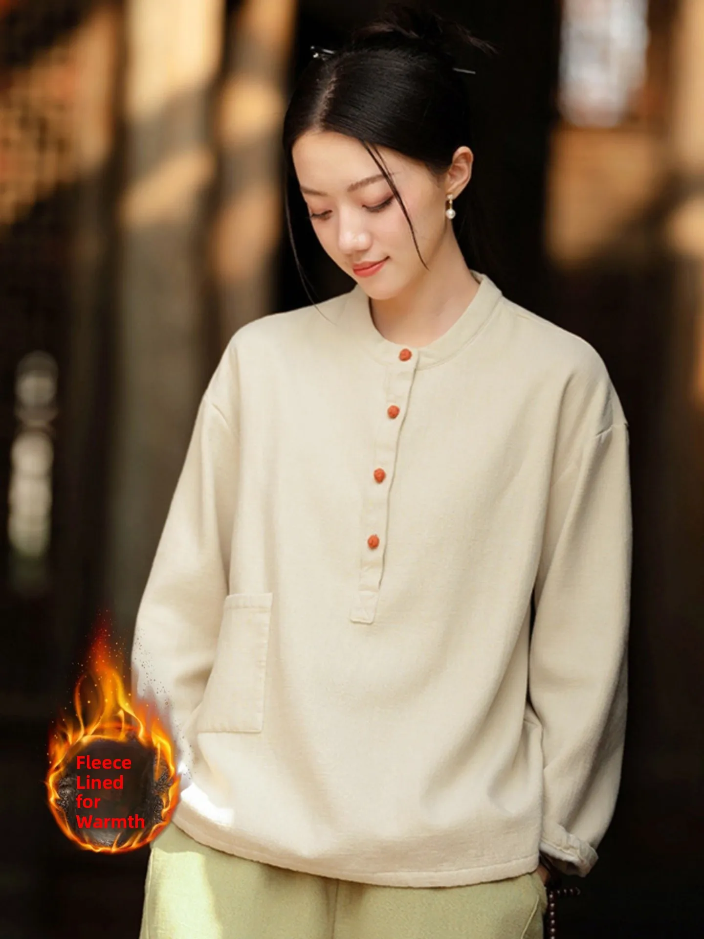Women's Cotton Linen Fleece Lined Thick Long Sleeve Overhead T-Shirt Artistic Retro Button New Chinese Style Casual Winter Top