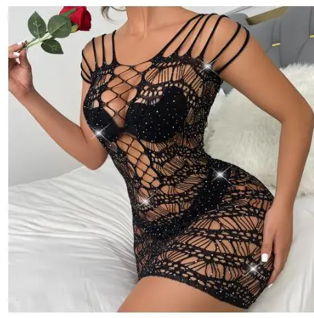 Sexy abbigliamento donna adulta nero paillettes Fishnet Lingerie erotica Hollow Mesh Hot Underwear Porn Fancy See-Through Party Dresses