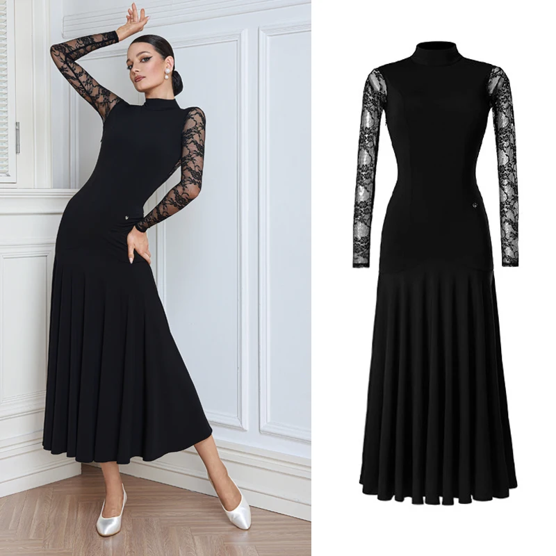 

Модное профессиональное платье для бальных танцев с кружевными рукавами, женская одежда для вальса, современная танцевальная одежда для взрослых, черный костюм для латинских танцев SL14877