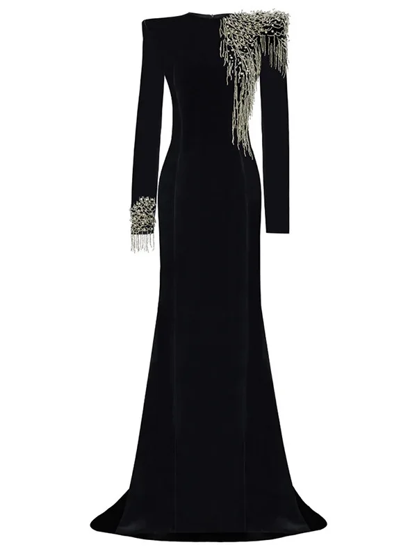 Ele Long Bla Fi Tail Dr round Ne Beaded Wrap Women's Faionable Slimming Gown Vintage Sle Evening Gown