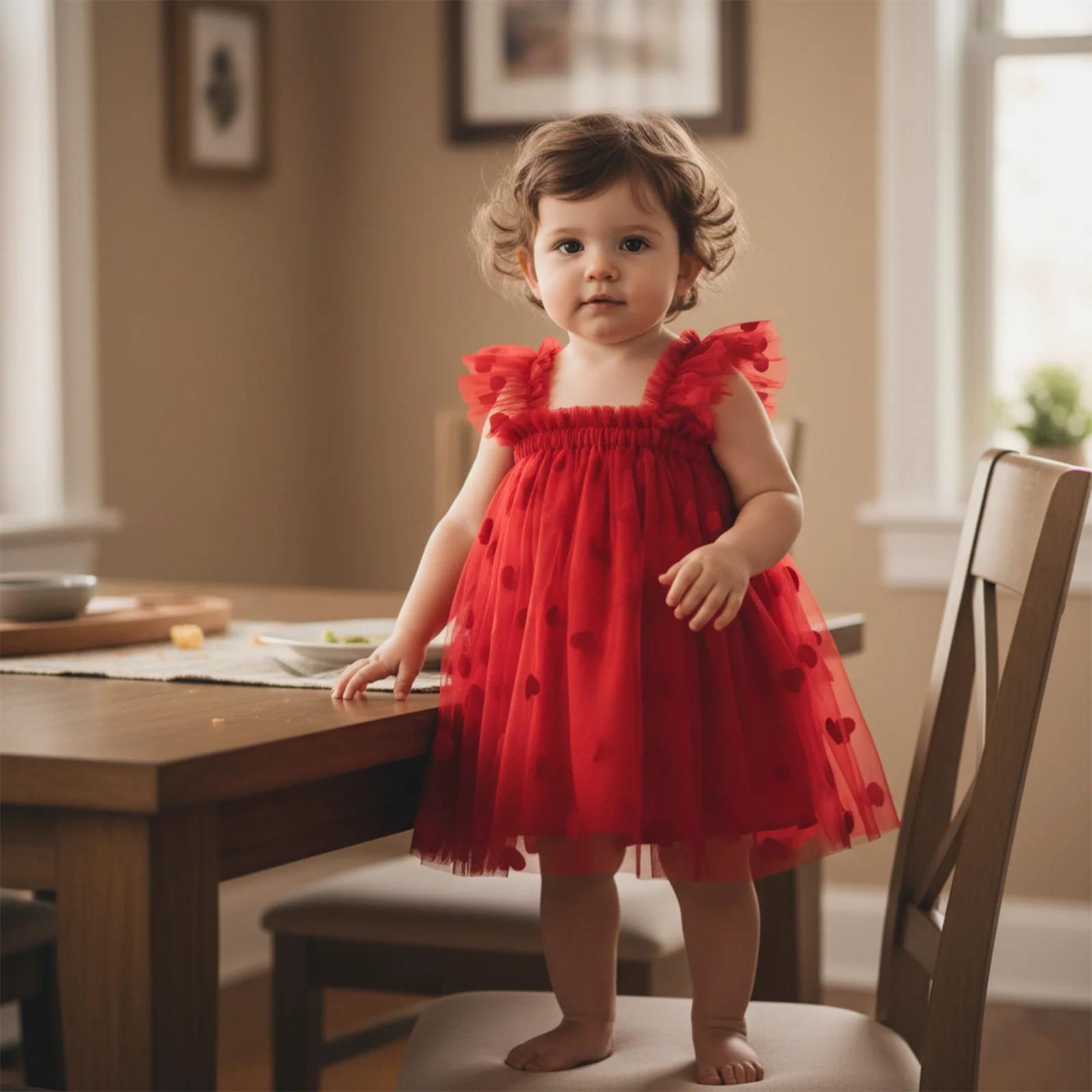1-4Y Kid Girl Princess Lace Mesh Tulle Dress Heart/Bow Print Flying Sleeve Suspender A-Line Party Dresses