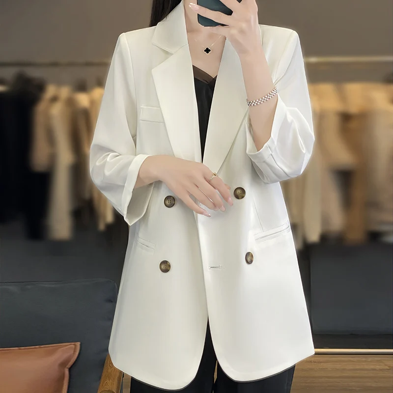 2024 Spring Summer New High Quality Suit Women\'s V-Neck Acetic Acid Silk Button Pocket Casual And Elegant Style Small Suit Coat