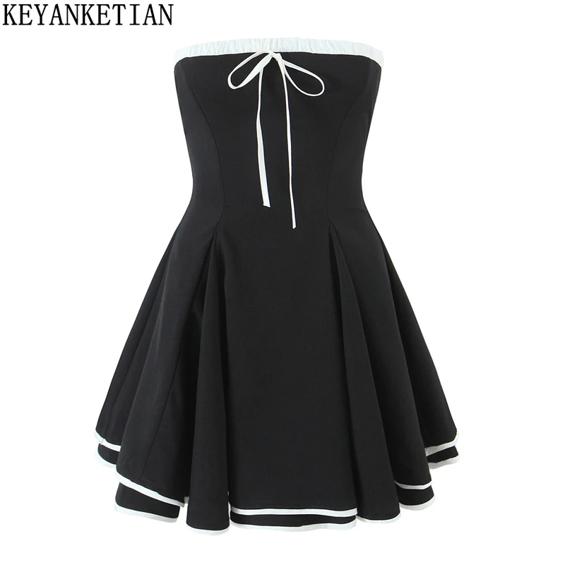

KEYANKETIAN 2025 New Women's Bow decoration Slash neck Corset Mini Dress Elegant Chic Back Zipper Slim Contrast Color Dresses