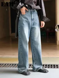 [EAM] High Waist Blue Denim Vintage Long Casual Wide Leg Jeans New Women Trousers Fashion Tide Spring Autumn 2024 1DH6809