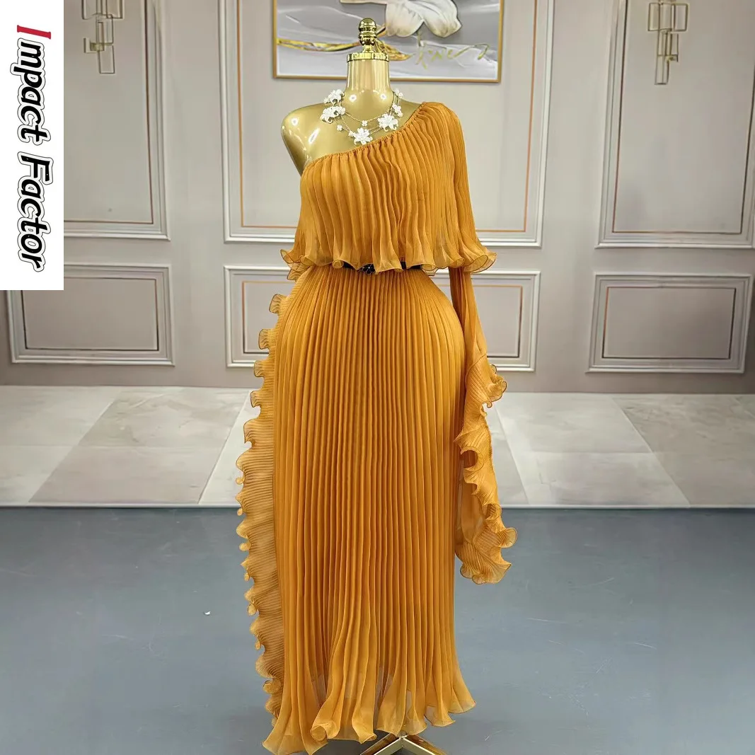 

Miyake Dress2025 New Miyake Pleated Lotus Leaf Dense Edge Design Slanted Shoulder Single Sleeve Dress Women