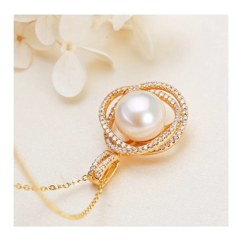 

Pearl Jewelry White Nearly Round Pearl Pendant Copper Gold-plated Zircon Bird's Nest Freshwater Pearl Necklace Women