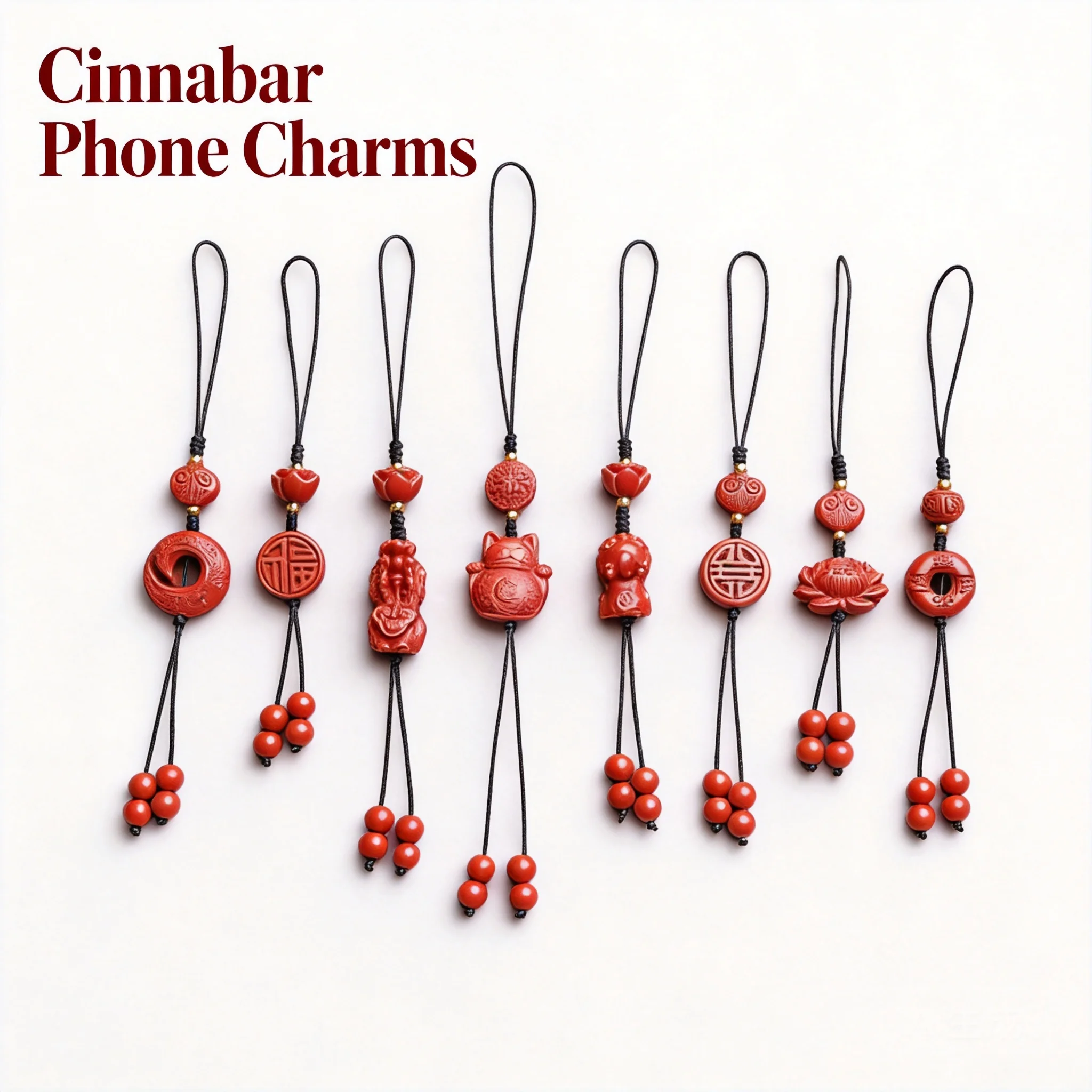 Chinese Style Natural Red Cinnabar Lucky Phone Lanyard Fortune Pixiu Fu Character Lucky Cat Lotus Pendant Good Luck Blessing Wea