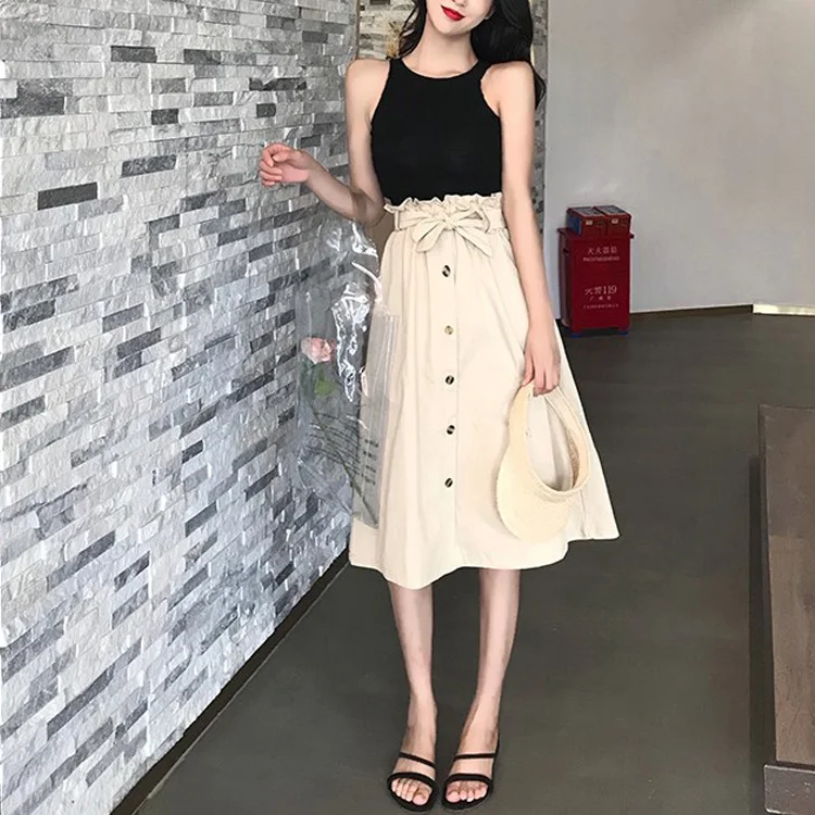 

2025 Summer Autumn Skirts Womens Midi Knee Length Korean Elegant Button High Waist Skirt Female Pleated School Skirt