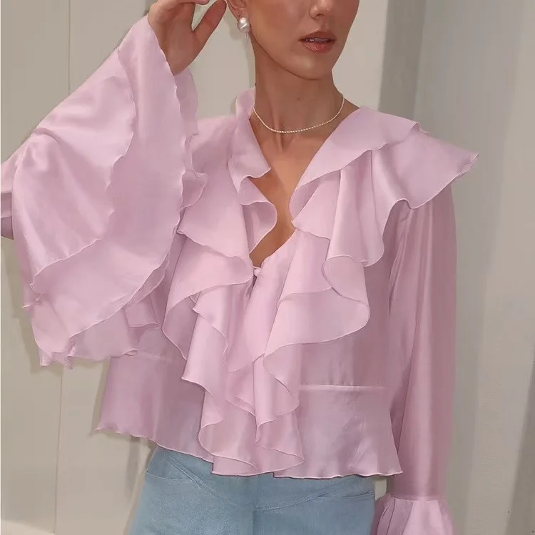

Faionable Lotus Le Collar irt V Ne Bell Sve Top Women's Casual Loose Fit Long Sve Thin Summer Color