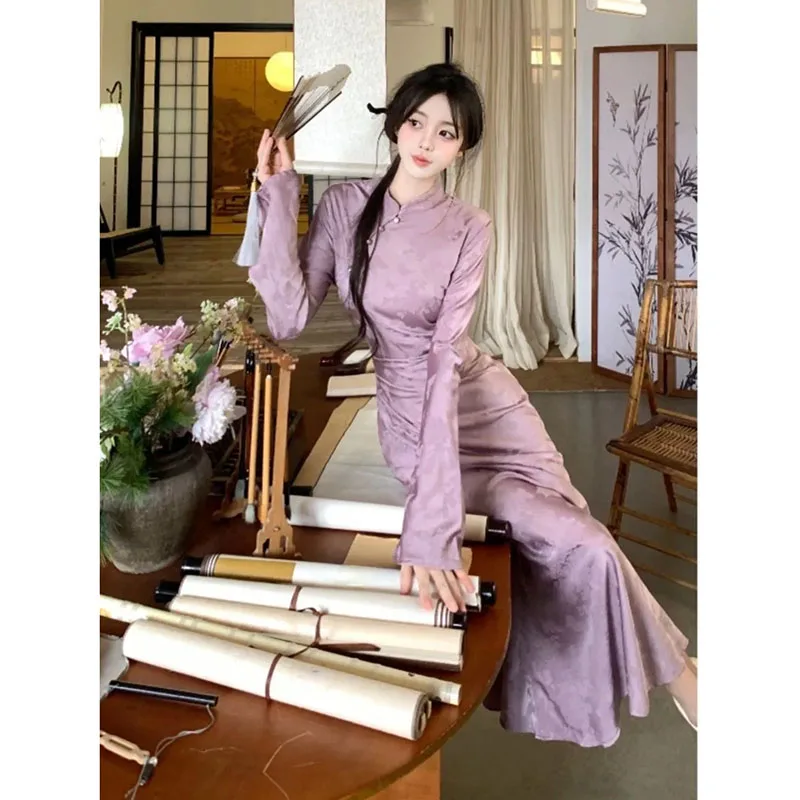 New Chinese Style Ladies' Dress With Buckle Stand-Up Collar Print Spring  Waist-closed Cheongsam With Temperament  Long Skirt