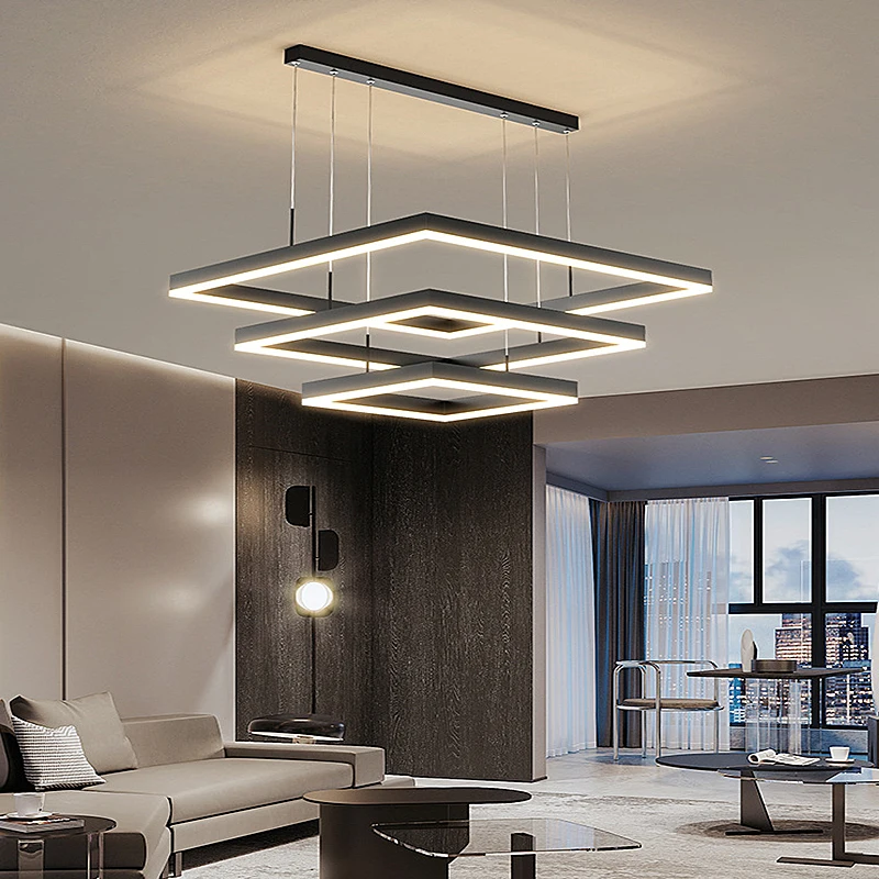 Modern Hanging Pendant Light Contemporary Acrylic Black New Design Square Lamp Dining / Living Room LED Chandelier