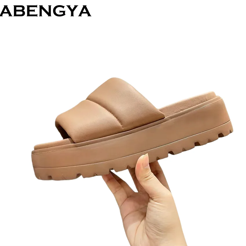 

ABENGYA Summer Leather Platform Slippers Women Slides Thick Sole Flat Beach Shoes For Woman Sandals Slip On Lazy Woman Slippers