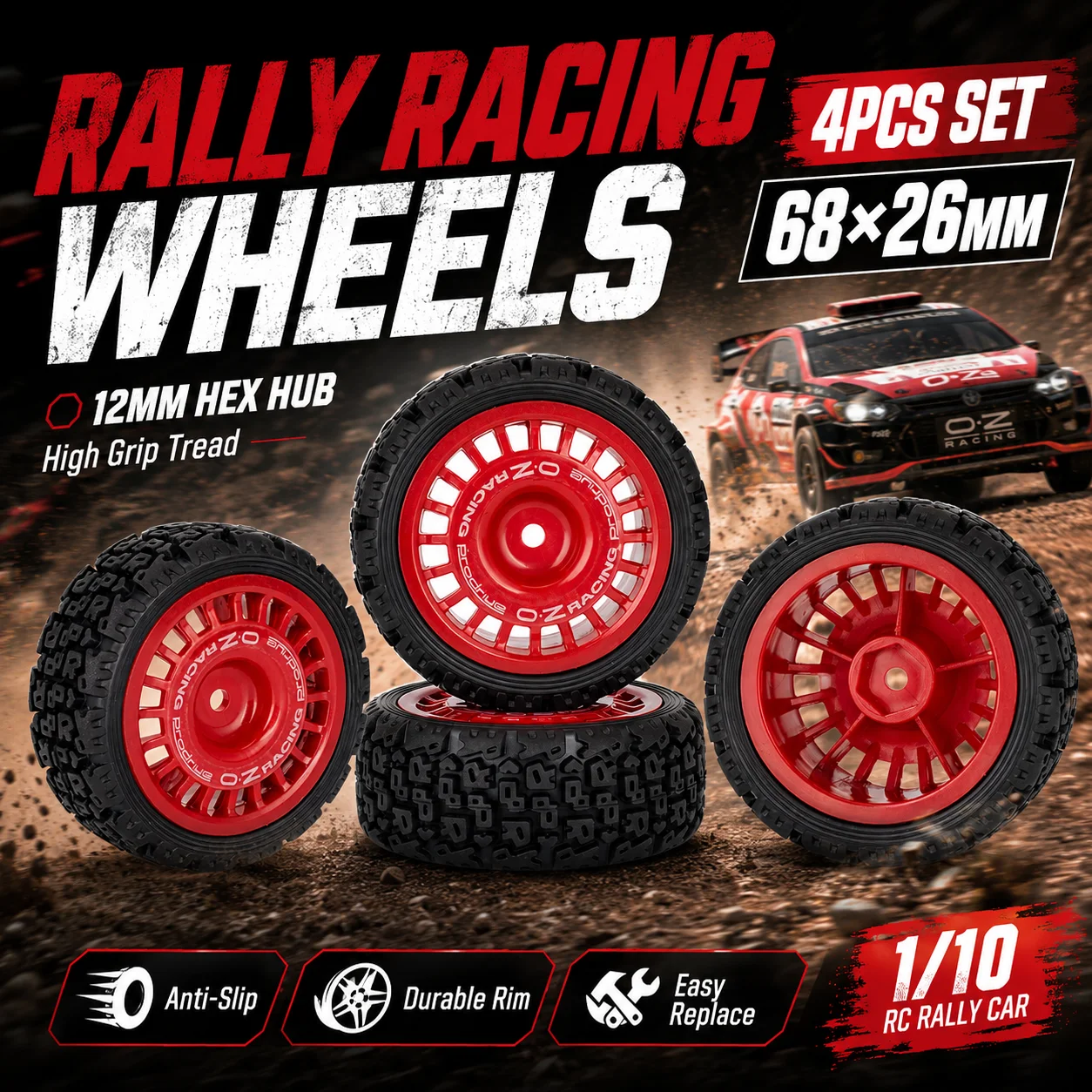 4Pcs 68mm Tires Wheels Glued Y‑Pattern Rally Tyres 12mm Hex For 1/10 RC Car Tamiya TT02 TT‑01 XV01 PTG‑2 DF‑03 WR8 Upgrade Parts