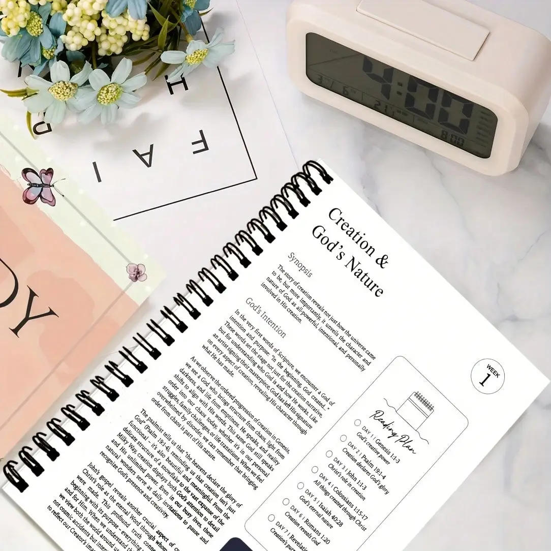 دفتر ملاحظات مسيحي حلزوني زهري - 52 أسابيع 100 قطعة سجل صلاة لدراسة الكتاب المقدس هدية دينية وردية