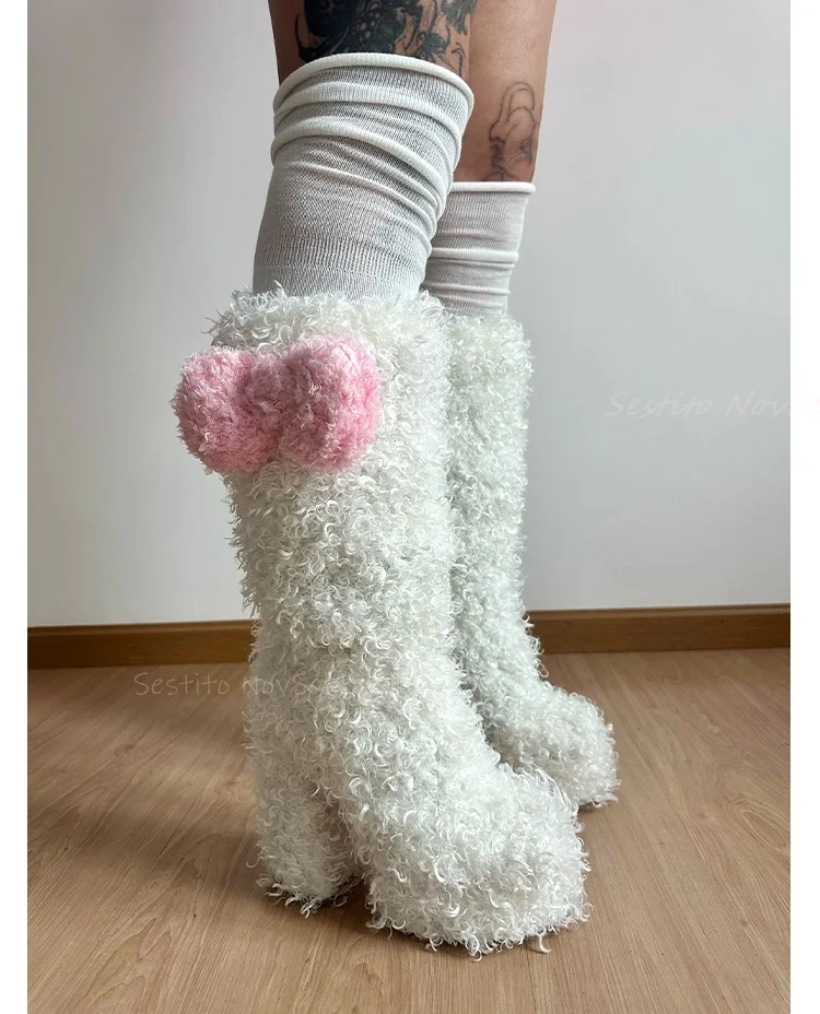 Lamb Wool Knee High Boots Platform Bow Decor Block High Heels Winter Warm Slip On Sweet Girl Casual Daily Long Booties Hot Girl