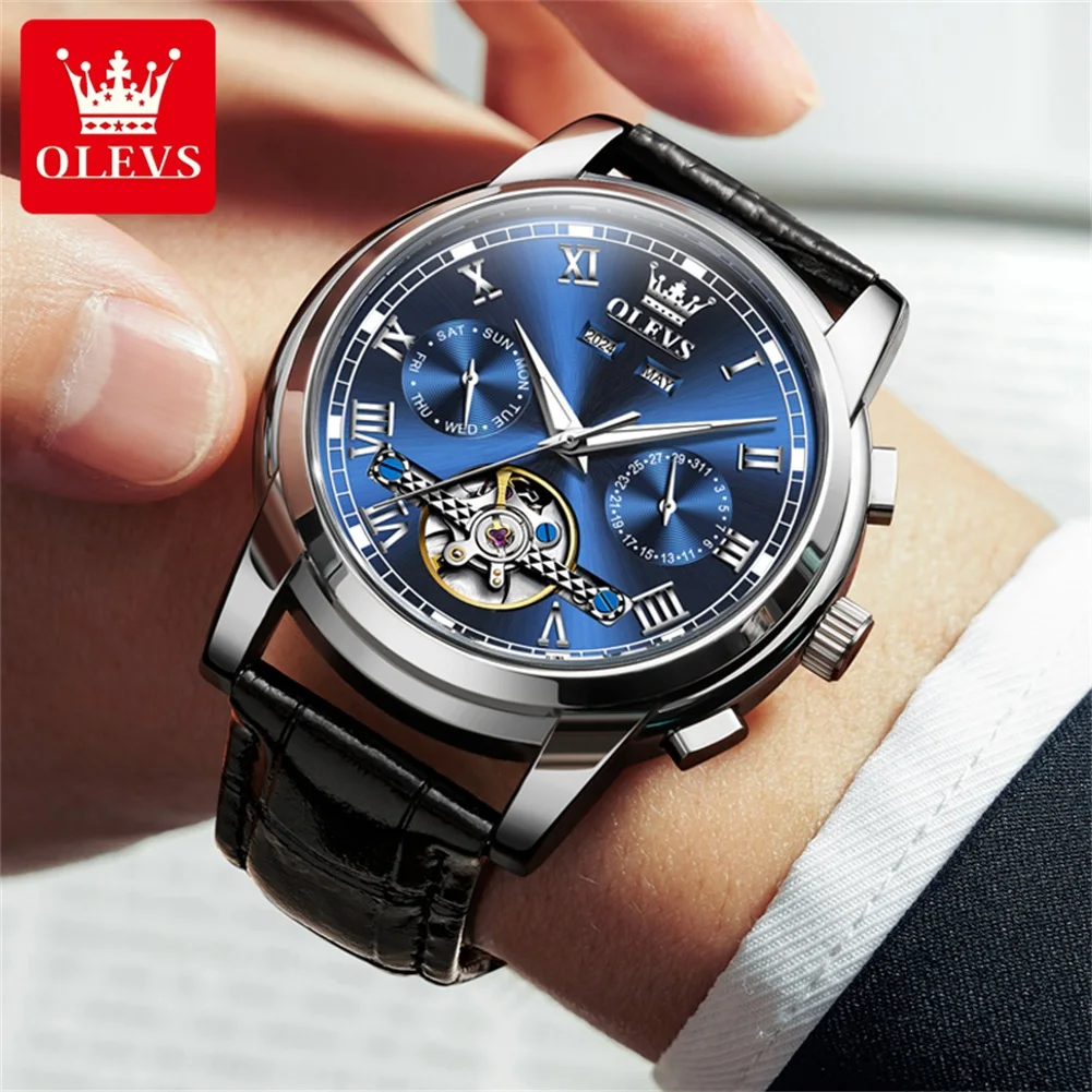 OLEVS 6607 Roman Scale Classic Mechanical Watch For Men Original Hollow Waterproof Wristwatch Week Date Display Automatic  Watch