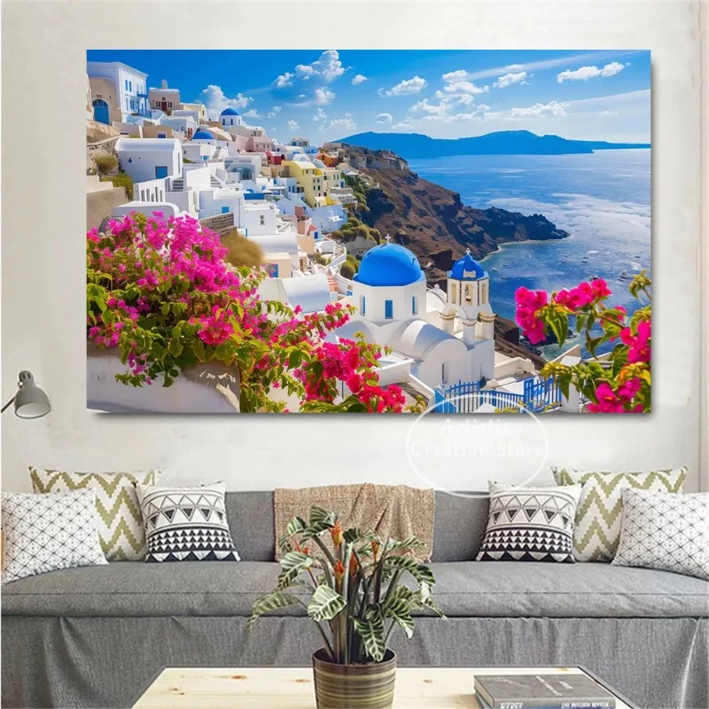 Greece Santorini Aegean Sea Floral Architecture Coastal Lanscape Aesthetic Poster Canvas Painting Wall Art Pictures Home Decor