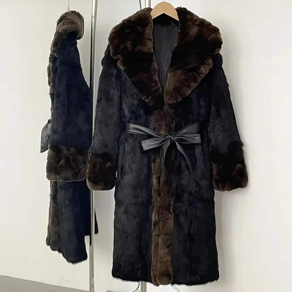 Reality Fur Coat Winter Long Fur Coat Women Natural Rabbit Fur Coat Female Leather Belt Real Fur Jacket Fashion Warm Clothes