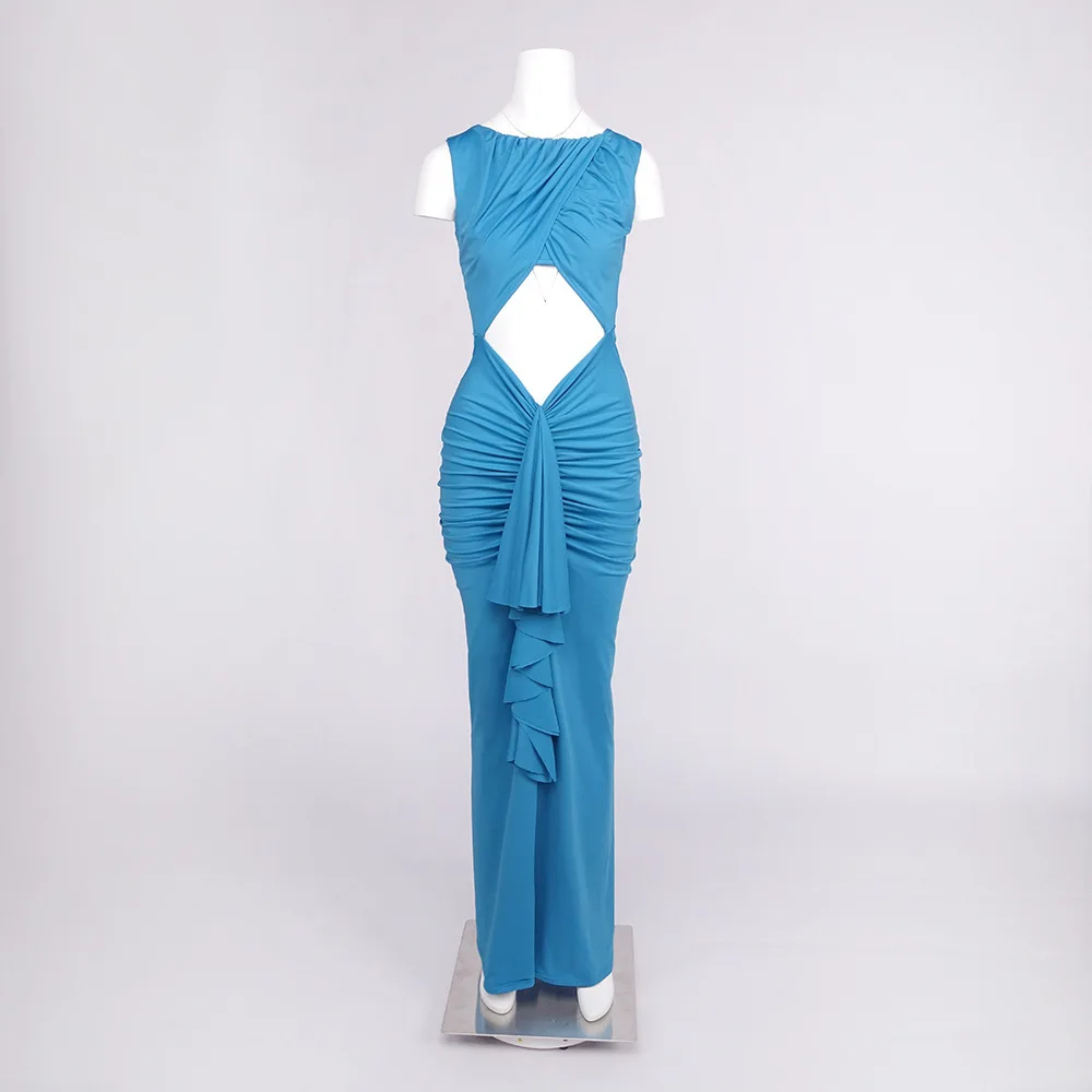 LEOSOXS Blaues ärmelloses Maxikleid mit Ausschnitten, gerüscht, figurbetontes Abendkleid, modische Partykleidung für trendige Damen zum Ausgehen