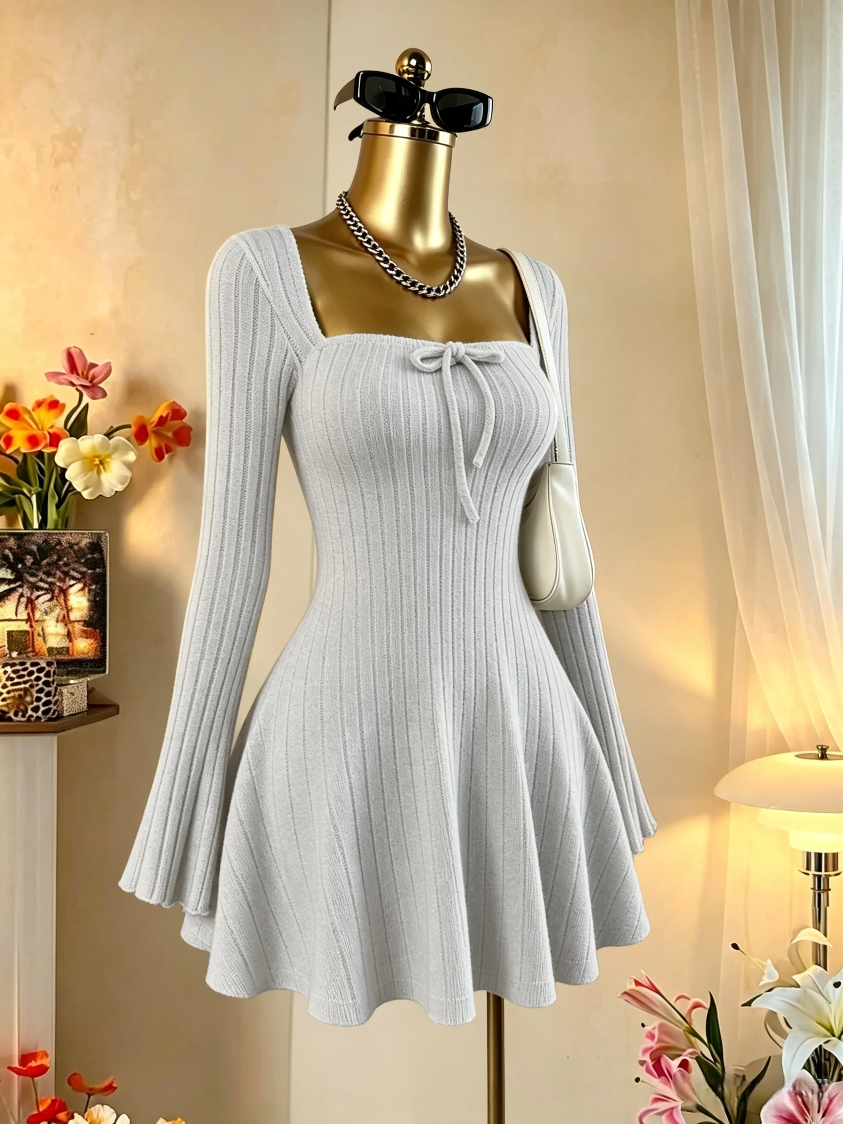 Damen-Minikleid mit quadratischem Ausschnitt, vorne gebunden, gerippt, ausgestellter Rock, lange Ärmel, tailliert, A-Linie, Y2K, sexy Kleid – Detail 6
