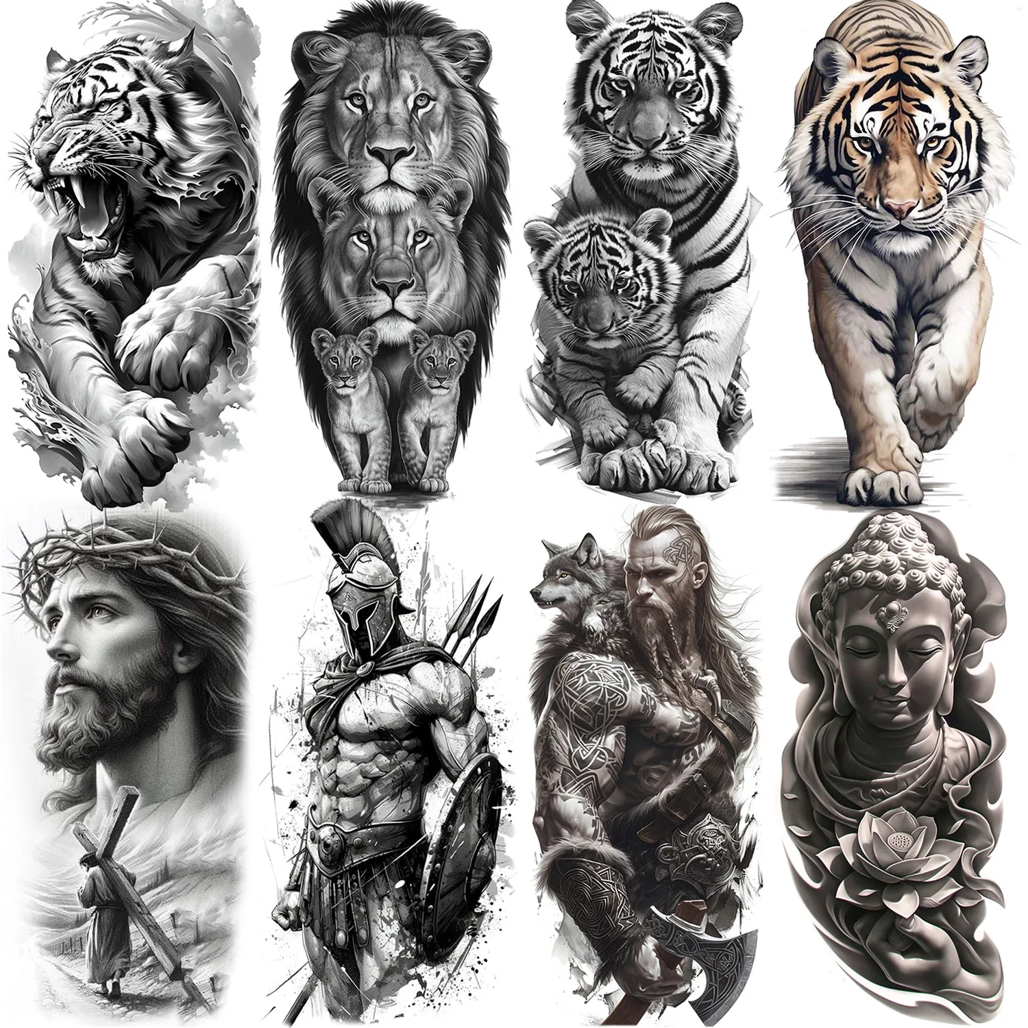 1 hoja de tatuajes temporales de León, Tigre, Guerrero, Buda, para hombres, mujeres y adultos, tatuajes falsos realistas impermeables, pegatinas de larga duración