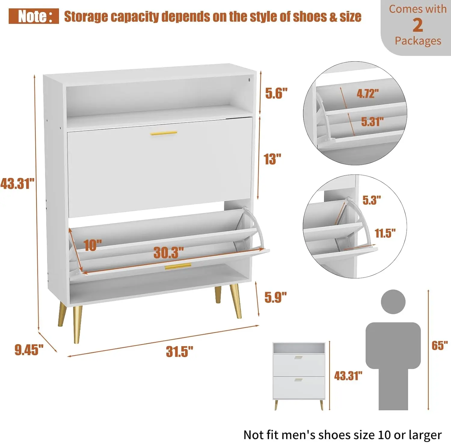 JOZZBY Shoe Cabinet for Entryway, White Narrow Shoe Storage Cabinet with 2 Flip Drawers, Freestanding Hidden Shoe Rack Storage