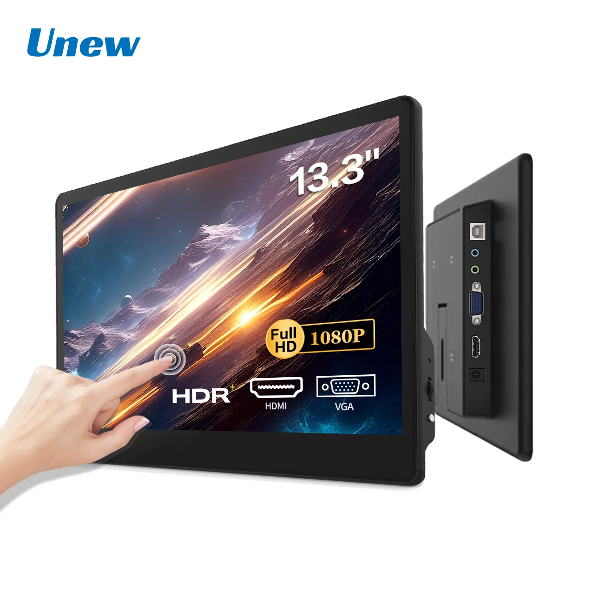 Unew 13.3 بوصة لوحة اللمس المحمولة LCD 1920x1080 IPS شاشة عرض تعمل باللمس مع مكبر الصوت HDMI/Type-C المدخلات لأجهزة الكمبيوتر المحمول DVI