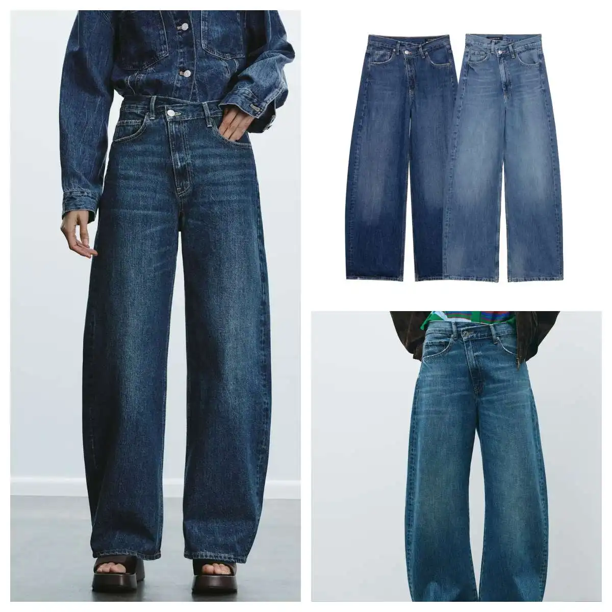

European and American style spring new style mid-waist straight wide-leg jeans with double placket