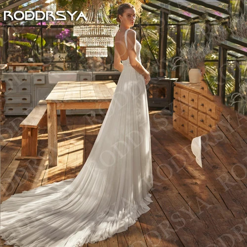 Imagen 2 del producto RODDRSYA-vestido de novia bohemio para mujer traje de gasa con tirantes finos Espalda descubierta línea A personalizado Playa Boho vestido de novia de gasa encaje correas de espagueti Vestidos de novia sin espalda de u