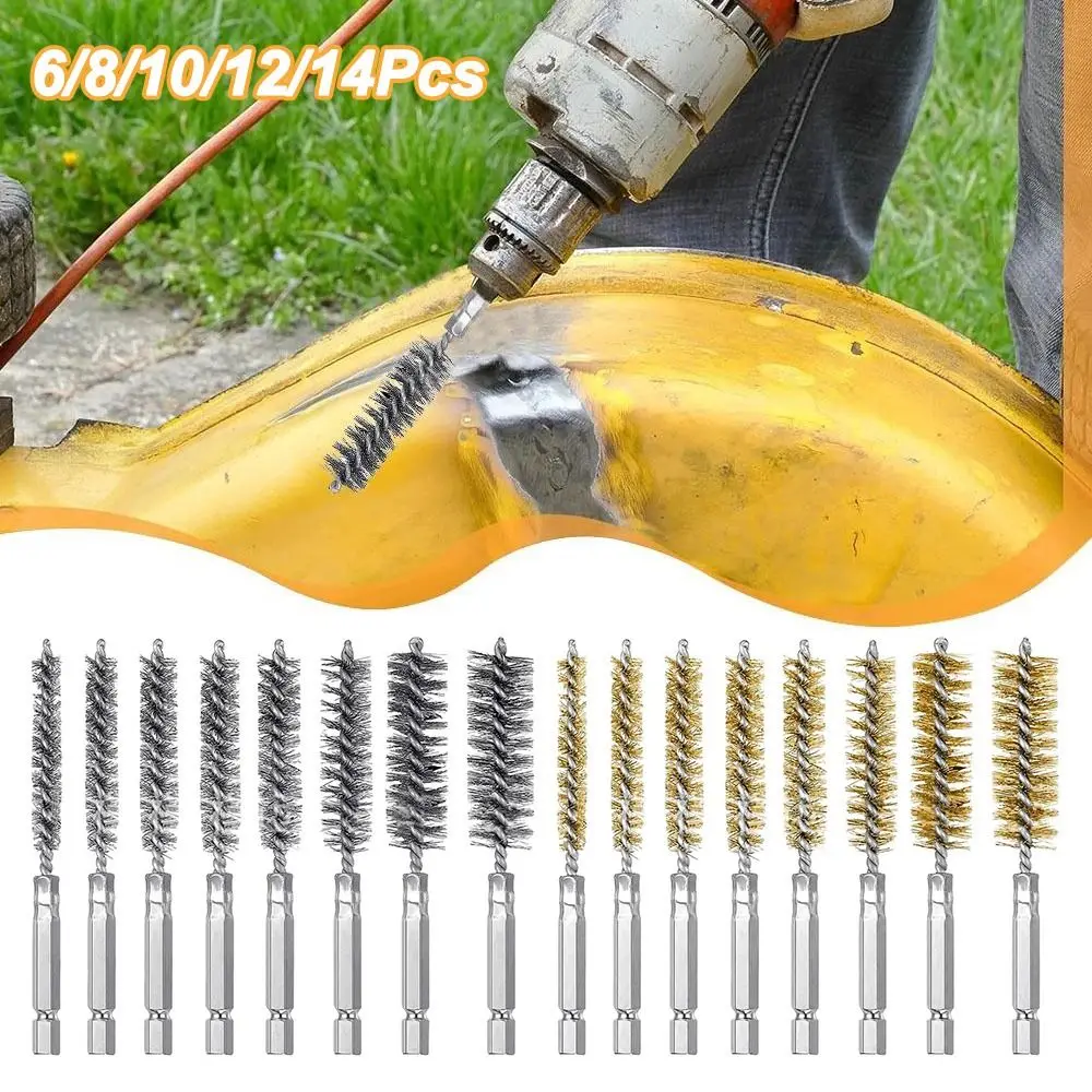 6/8/10/12/14Pcs Stainless Steel Steel Bore Brush Washing Polishing Tools 1/4 6.35mm Hex Shank Twisted Wire Borebrush With Handle