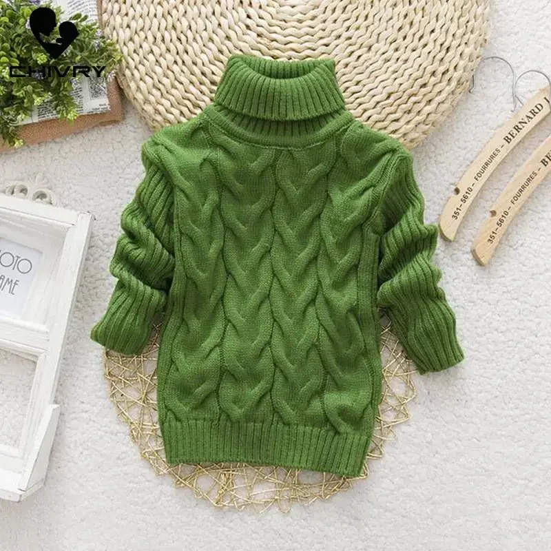 New 2024 Kids Children Solid Pullover Sweater Autumn Winter Boys Girls Turtleneck Knitted Sweaters Tops Clothing for 2-8T