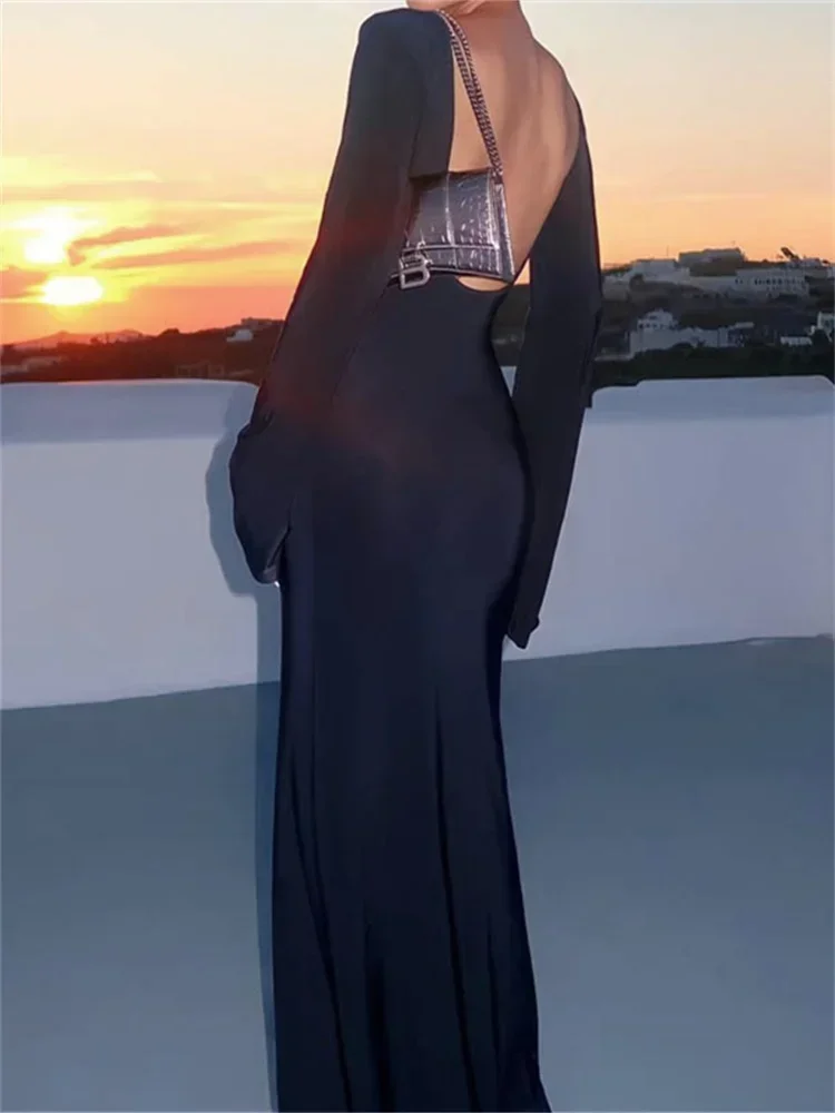 Robe en tricot transparente pour femmes, Cover-up pour Bikini, manches longues, col rond, dos nu, robes longues, Club, plage, Sexy, maillots de bain