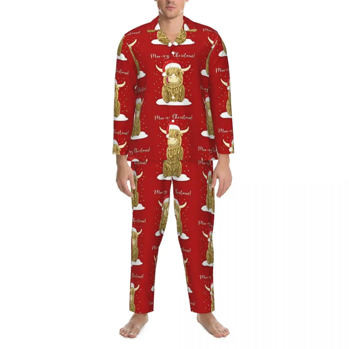 Scottish Highland Cow Pajama Sets Spring Christmas Wee Hamish Comfortable Daily Sleepwear Men 2 Pieces Casual Oversize Nightwear