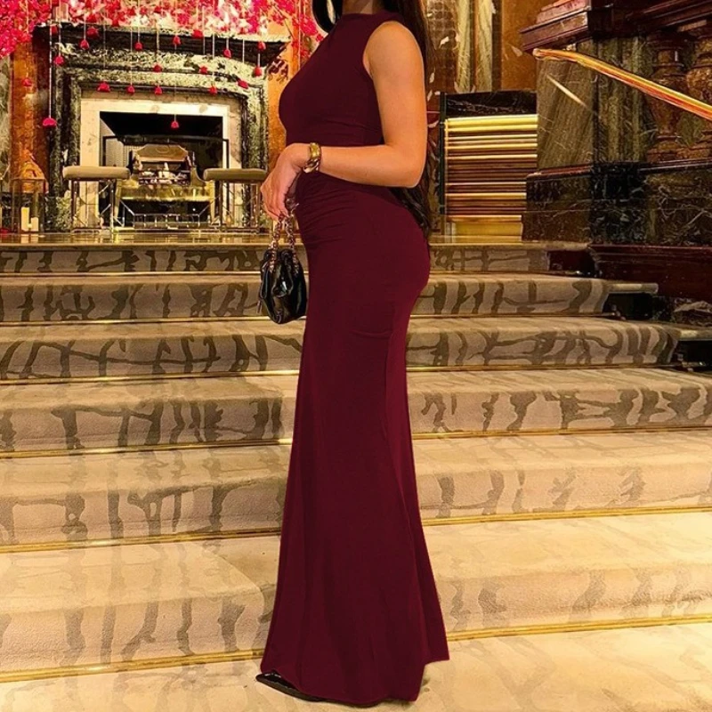 Elegant Long Dress Ruched Sleeveless Solid Dresses Lady Casual Party Women Clothes Fashion Female Vestidos 2025 Autumn