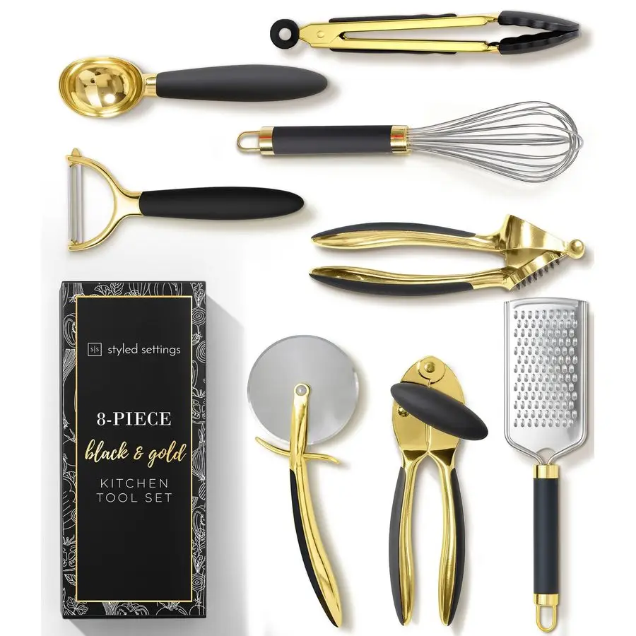 

and Gold Kitchen Utensils Luxe 8Piece Gold Kitchen Tools Set with Can Opener, Pizza Cutter, Peeler, Mini Whisk, and Tongs Stylis