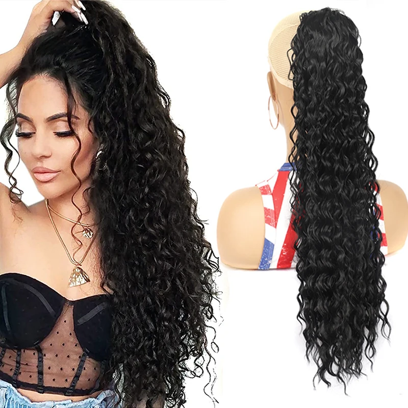 

24Inch Deep Ponytail Extension Drawstring Ponytail for Black Women Deep Wave Clip in Hair Synthetic Hairpiece for Daily Use