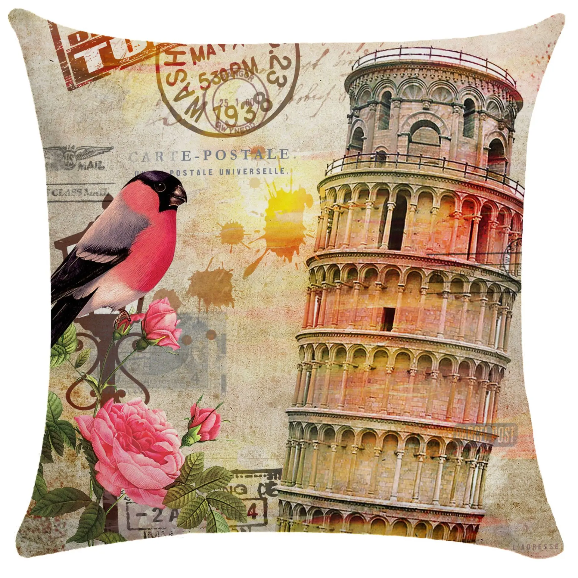 Vintage Eiffel Tower Pillowcase Morty London Clock Tower Flower Pillows Case for Living Room Home Decor Sofa Cushion Cover 45x45